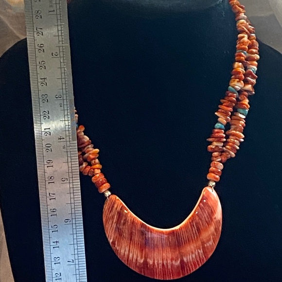 Jay King Spiny Oyster Shell/Turquoise Chip Necklace Crescent Pendant silver - Picture 7 of 9